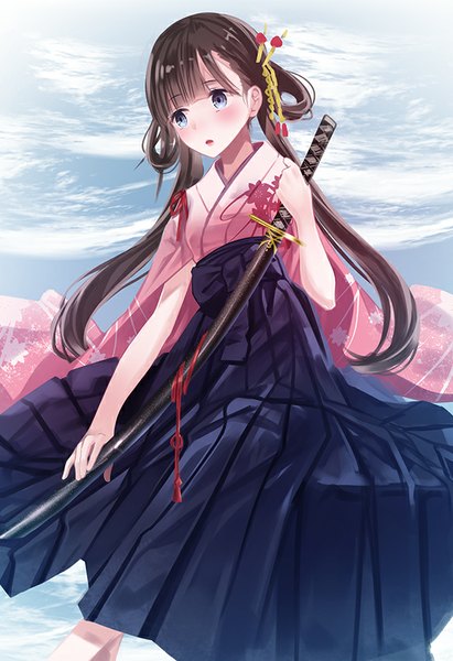 Anime picture 583x850 with original yasuno (airy light) single long hair tall image blush fringe open mouth blue eyes brown hair holding looking away long sleeves traditional clothes japanese clothes wide sleeves floral print meiji schoolgirl uniform girl hair ornament