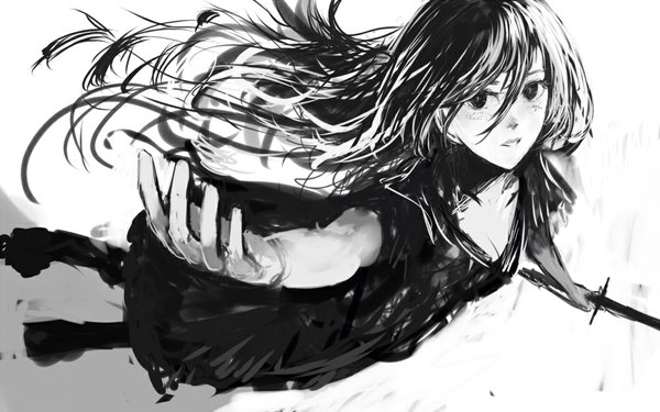 Anime picture 1056x660 with original bounin single long hair looking at viewer open mouth black hair wide image cleavage light smile black eyes outstretched arm monochrome outstretched hand weightlessness girl dress weapon sword black dress