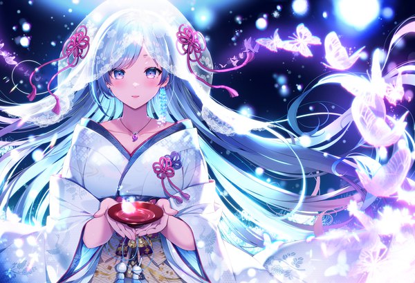 Anime picture 6656x4533 with original emori miku project emori miku kat (bu-kunn) single long hair looking at viewer blush fringe highres open mouth smile standing holding absurdres traditional clothes japanese clothes multicolored hair aqua eyes aqua hair