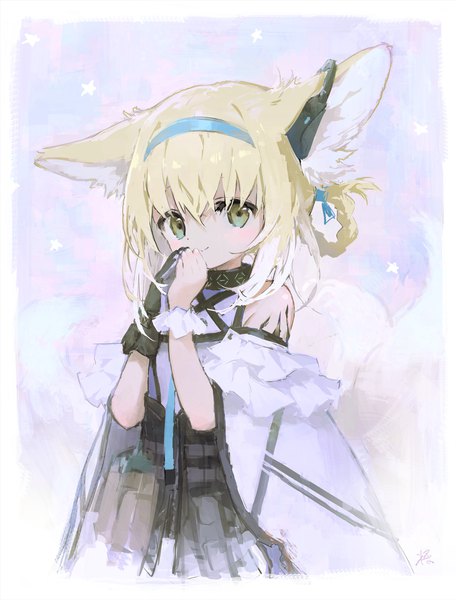 Anime picture 1555x2048 with arknights suzuran (arknights) sho (sho lwlw) single tall image looking at viewer fringe short hair blonde hair smile hair between eyes bare shoulders green eyes signed animal ears upper body fox ears fox girl oripathy lesion (arknights) girl