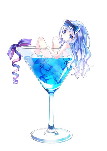 Anime picture 1245x1754 with original 54hao single tall image looking at viewer fringe blue eyes simple background white background sitting bare shoulders blue hair looking back barefoot from behind bare legs sleeveless partially submerged wavy hair in container