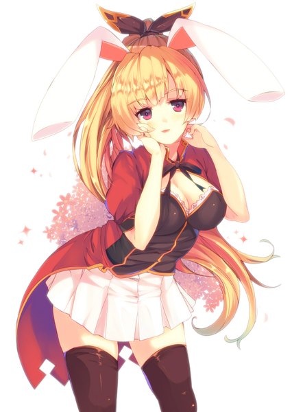 Anime picture 1123x1580 with original mikususannda single long hair tall image blush fringe breasts open mouth simple background blonde hair red eyes white background animal ears looking away cleavage ponytail bunny ears girl thighhighs