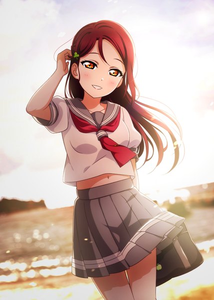 Anime picture 2591x3624 with love live! sunshine!! sunrise (studio) love live! sakurauchi riko kougi hiroshi single long hair tall image looking at viewer blush highres smile standing holding outdoors red hair pleated skirt wind blurry short sleeves