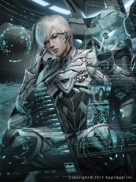 Anime picture 900x1200 with chrisnfy85 single tall image short hair signed silver hair science fiction boy gloves glasses pilot suit mecha