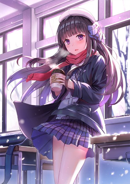 Anime picture 707x1000 with ipass (yi ka tong) xiao pa qian wu atai single long hair tall image looking at viewer blush fringe black hair purple eyes indoors blunt bangs parted lips pleated skirt light smile wind plaid skirt winter snow