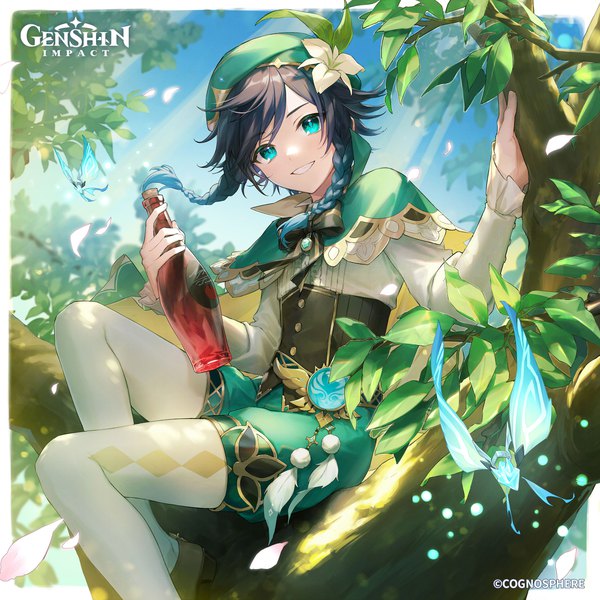 Anime picture 2500x2500 with genshin impact venti (genshin impact) crystalfly (genshin impact) usuke (u skeeep) single looking at viewer fringe highres short hair black hair sitting outdoors braid (braids) aqua eyes official art copyright name twin braids border outside border tree sitting