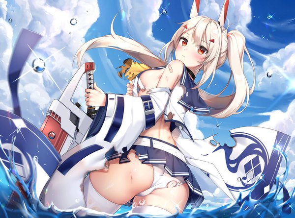 Anime picture 1347x1000 with azur lane ayanami (azur lane) douya (233) single long hair looking at viewer blush fringe breasts light erotic blonde hair hair between eyes twintails brown eyes payot sky outdoors pleated skirt looking back from behind