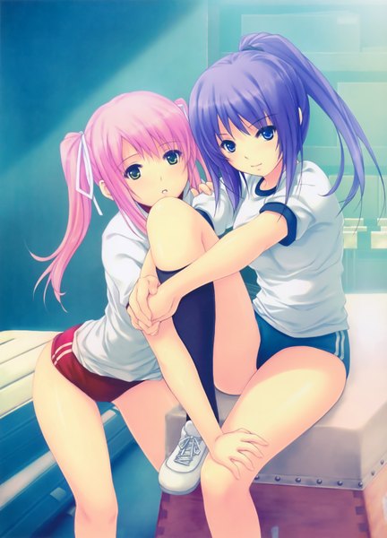 Anime picture 4764x6614 with marble bloomers asagiri luna narikawa saki coffee-kizoku long hair tall image looking at viewer blush highres blue eyes sitting twintails multiple girls pink hair absurdres purple hair ponytail scan grey eyes leg hug