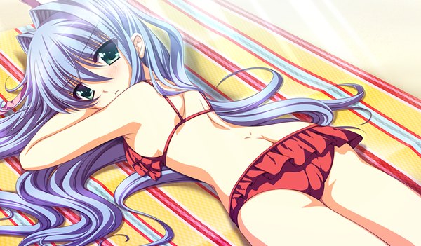 Anime picture 1536x900 with cure mate club (game) light erotic wide image green eyes blue hair game cg beach girl swimsuit
