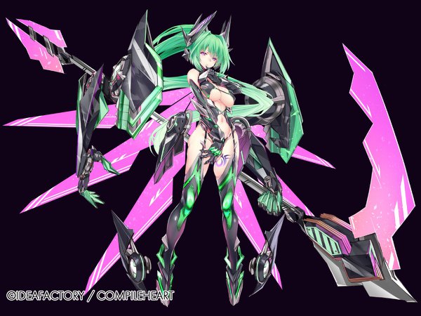 Anime-Bild 1200x900 mit choujigen game neptune nepnep connect: chaos chanpuru green heart green heart (chaos form) afukuro single breasts light erotic simple background large breasts standing full body ponytail very long hair pink eyes official art underboob black background dark persona girl