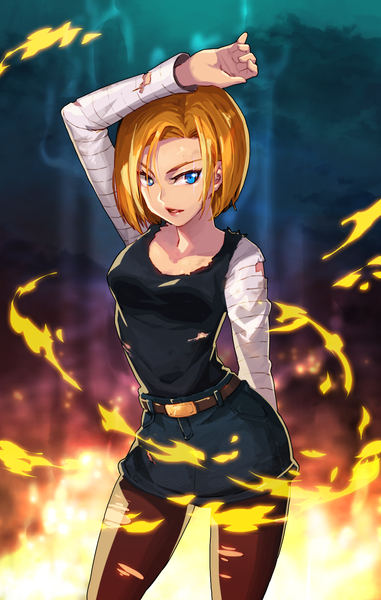 Anime picture 1060x1666 with dragon ball dragon ball z android 18 puyon (pixiv) tall image looking at viewer fringe short hair breasts open mouth blue eyes blonde hair sky cloud (clouds) lips lipstick eyebrows hand on head torn pantyhose girl