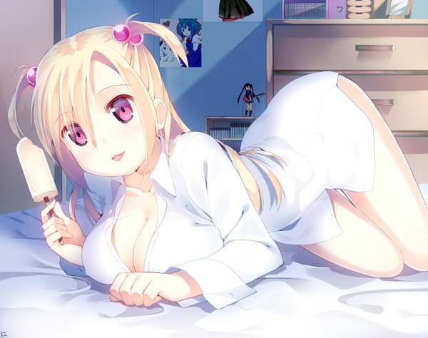 Anime picture 1500x1185 with original niwashi (yuyu) single long hair looking at viewer breasts light erotic blonde hair red eyes large breasts lying two side up girl hair ornament shirt food white shirt sweets bed hair tie