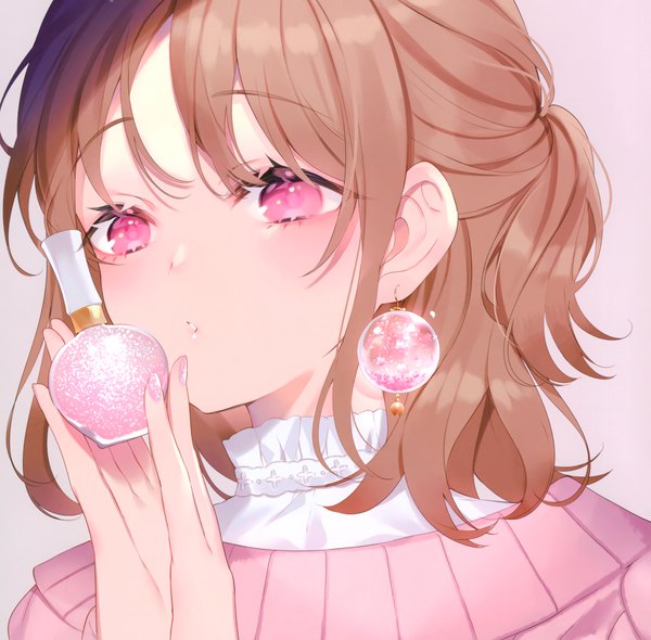 Anime picture 2096x2062 with original achiki single long hair looking at viewer blush fringe highres simple background brown hair holding upper body nail polish parted lips pink eyes fingernails scan pink nail polish girl earrings
