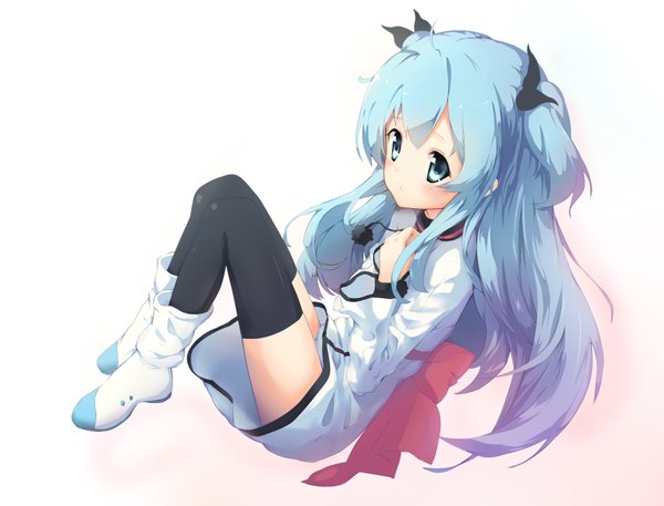 Anime picture 4462x3400 with sora no method noel (sora no method) hei huo chong single long hair fringe highres blue eyes light erotic simple background white background blue hair looking away absurdres bent knee (knees) long sleeves two side up pantyshot girl thighhighs