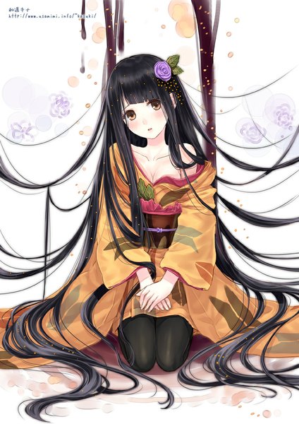 Anime picture 707x1000 with original kazuharu kina single tall image looking at viewer blush black hair bare shoulders brown eyes very long hair traditional clothes japanese clothes hair flower girl hair ornament flower (flowers) kimono obi