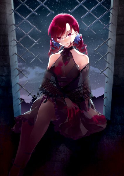 Anime picture 719x1017 with sword girls vernika (character) shiyun single tall image looking at viewer fringe short hair breasts smile red eyes large breasts sitting twintails bare shoulders cleavage cloud (clouds) red hair hair flower lips