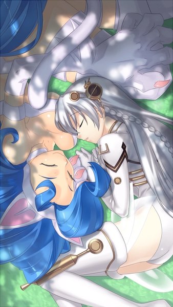 Anime picture 577x1024 with ar tonelico vampire / darkstalkers (game) capcom gust (company) felicia shurelia (ar tonelico) hirano katsuyuki long hair tall image breasts light erotic smile large breasts multiple girls animal ears blue hair cleavage outdoors ass tail