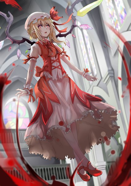 Anime picture 2952x4169 with touhou flandre scarlet kabaneneko single tall image blush fringe highres short hair open mouth blonde hair red eyes payot looking away indoors fang (fangs) flying girl dress flower (flowers)