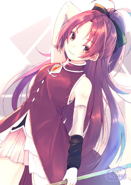 Anime picture 1417x2000 with mahou shoujo madoka magica shaft (studio) sakura kyouko chita (ketchup) single long hair tall image looking at viewer blush fringe smile hair between eyes red eyes standing holding signed payot ahoge ponytail red hair