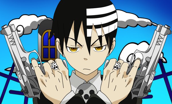 Anime picture 1500x917 with soul eater studio bones death the kid single looking at viewer fringe short hair black hair wide image yellow eyes sky cloud (clouds) white hair multicolored hair two-tone hair streaked hair portrait crossed arms vector boy
