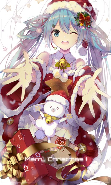 Anime-Bild 602x1000 mit vocaloid hatsune miku rabbit yukine lf single long hair tall image looking at viewer fringe open mouth blue eyes hair between eyes twintails blue hair one eye closed wink fur trim christmas outstretched hand bell collar