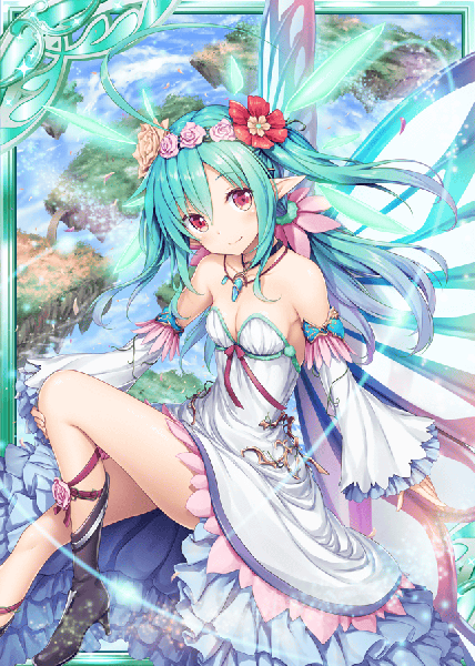 Anime picture 640x896 with shinkai no valkyrie pixie servant (shinkai no valkyrie) akkijin single long hair tall image looking at viewer blush fringe breasts smile hair between eyes red eyes sitting bare shoulders sky cleavage ahoge bent knee (knees) head tilt