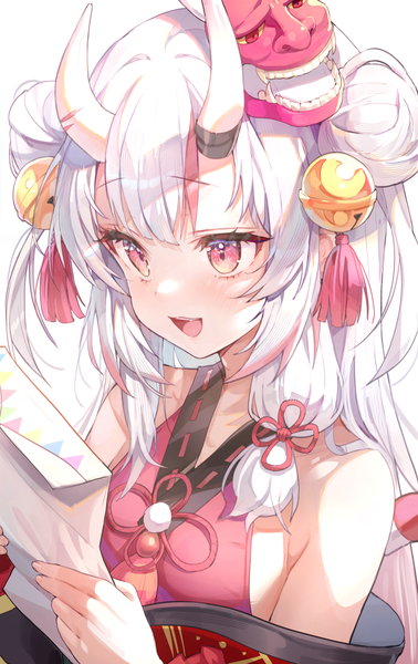 Anime picture 2500x3964 with virtual youtuber hololive nakiri ayame nakiri ayame (1st costume) misyune single long hair tall image highres open mouth red eyes looking away upper body white hair :d multicolored hair horn (horns) hair bun (hair buns) streaked hair oni horns