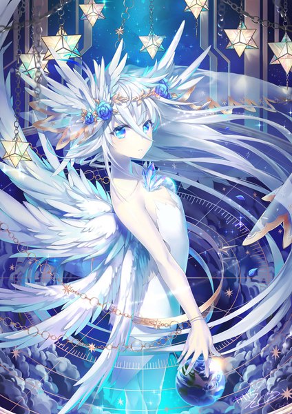 Anime picture 707x1000 with original kagachi saku single tall image fringe blue eyes hair between eyes bare shoulders signed looking away cleavage silver hair cloud (clouds) very long hair twitter username head wings revision white wings multiple wings girl