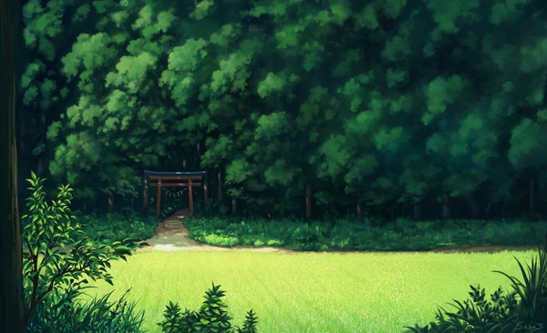 イラスト 3807x2323 と オリジナル sasaj highres wide image absurdres no people landscape scenic field 植物 木 葉 草 森 鳥居