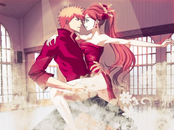 Anime picture 1400x1050 with bleach studio pierrot kurosaki ichigo inoue orihime ponytail red hair hair flower couple dancing dress hair ornament