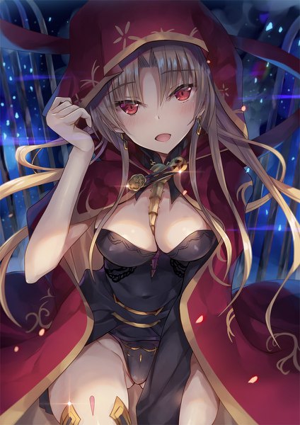 Anime picture 848x1200 with fate (series) fate/grand order ereshkigal (fate) inoue takuya (tactactak) single long hair tall image looking at viewer blush fringe breasts open mouth light erotic blonde hair hair between eyes red eyes large breasts sitting cleavage :d