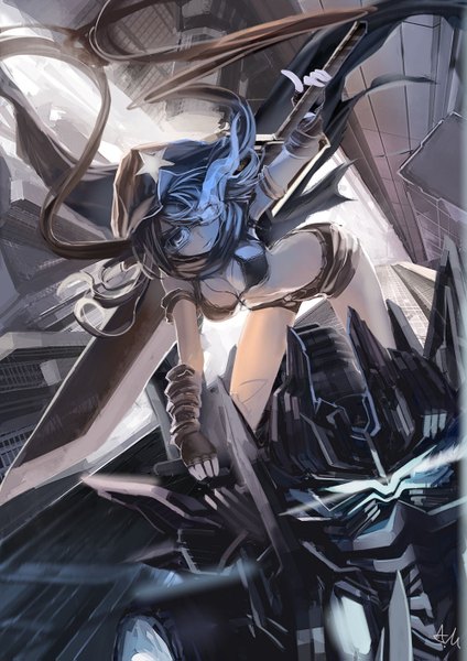 Anime picture 1000x1415 with black rock shooter black rock shooter (character) ameru.miro single long hair tall image fringe breasts black hair twintails holding cleavage midriff legs city glowing glowing eye (eyes) girl gloves weapon
