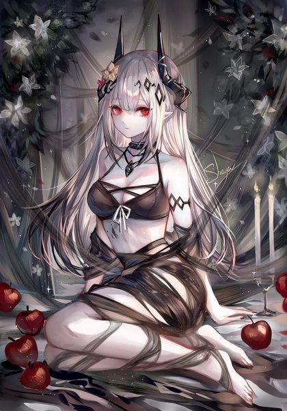 Anime picture 2800x4000 with arknights mudrock (arknights) mudrock (silent night) (arknights) sheya single long hair tall image looking at viewer blush fringe highres breasts light erotic red eyes large breasts sitting signed payot cleavage blunt bangs