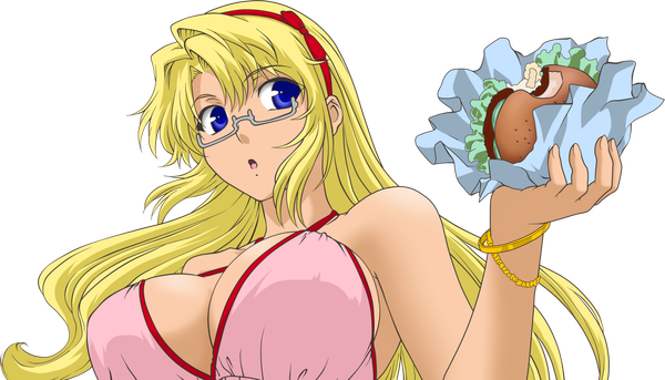 Anime picture 2642x1514 with freezing satellizer el bridget single long hair highres breasts blue eyes light erotic blonde hair wide image large breasts bare shoulders vector girl hair ornament ribbon (ribbons) hair ribbon glasses food bracelet