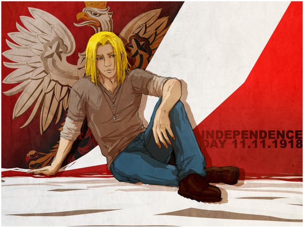 Anime picture 1280x963 with axis powers hetalia studio deen poland (hetalia) klaudiak single blonde hair sitting green eyes arm support border boy animal bird (birds) pants flag polish flag