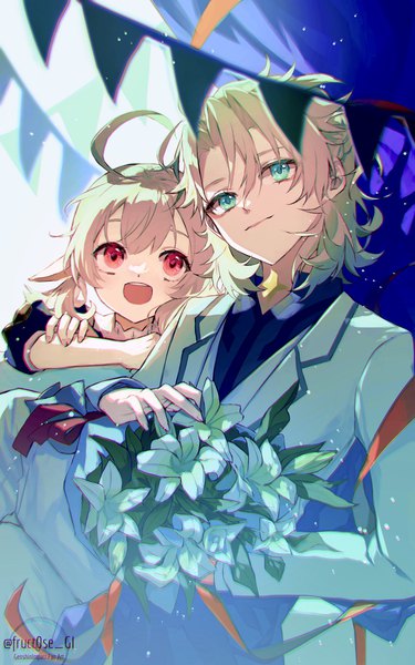 Anime picture 2500x4000 with genshin impact klee (genshin impact) albedo (genshin impact) fruct0se fa tall image fringe highres short hair open mouth blonde hair hair between eyes red eyes ahoge :d aqua eyes girl boy flower (flowers) bouquet lily (flower)