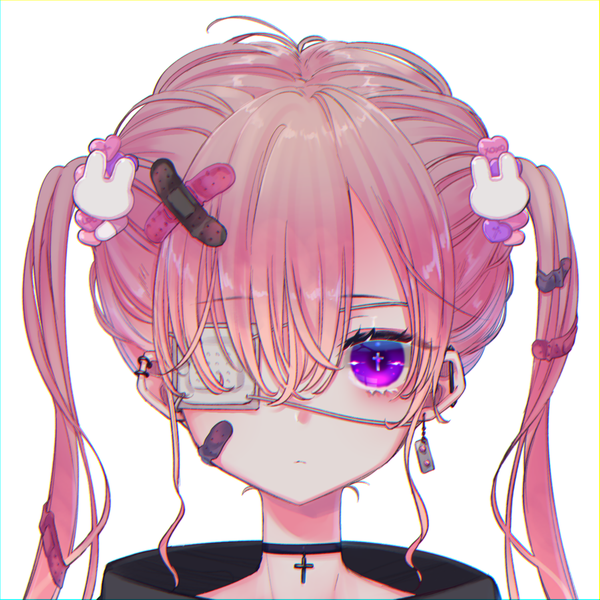 Anime picture 1500x1500 with original tendosora single long hair looking at viewer blush fringe simple background hair between eyes white background purple eyes twintails payot pink hair upper body piercing symbol-shaped pupils ear piercing expressionless bandaid on face