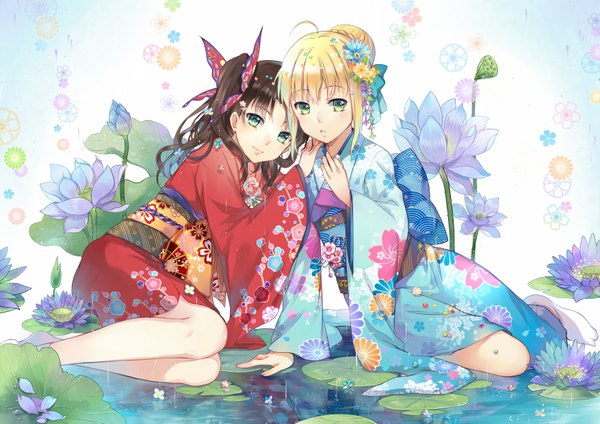 Anime picture 1753x1240 with fate (series) fate/stay night artoria pendragon (all) saber toosaka rin ekita xuan long hair looking at viewer highres short hair black hair blonde hair multiple girls green eyes traditional clothes japanese clothes hair flower girl hair ornament flower (flowers)