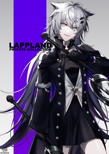Anime picture 778x1100 with arknights lappland (arknights) lappland (refined horrormare) (arknights) umeno shii single tall image fringe hair between eyes standing signed animal ears looking away silver hair very long hair character names scar silver eyes girl gloves weapon