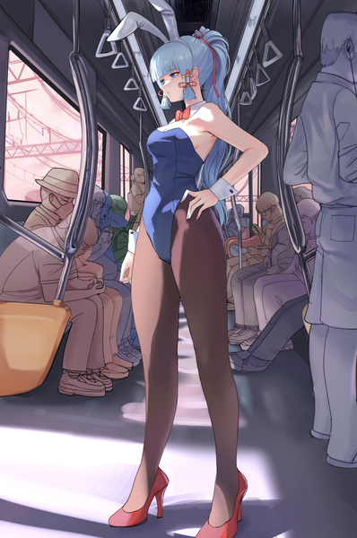 Anime picture 3000x4525 with genshin impact kamisato ayaka dolri long hair tall image fringe highres blue eyes light erotic standing bare shoulders animal ears looking away silver hair full body ponytail blunt bangs shadow high heels bunny ears