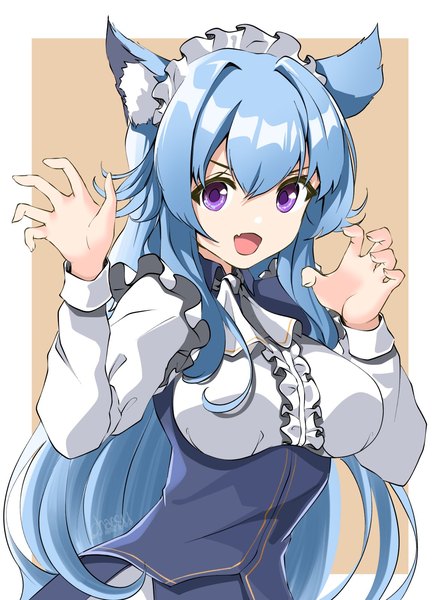 Anime picture 1164x1600 with original chaesu single long hair tall image fringe breasts open mouth simple background smile hair between eyes large breasts purple eyes animal ears blue hair long sleeves wolf ears underbust claw pose borrowed character