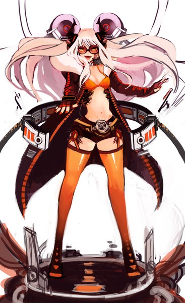 Anime picture 1200x1958 with blade & soul arisita (artist) single long hair tall image looking at viewer fringe breasts open mouth light erotic smile standing yellow eyes nail polish fingernails lips grey hair girl navel glasses