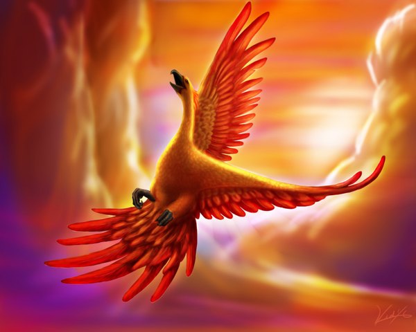 Anime picture 2972x2378 with original goldenphoenix100 highres open mouth sky cloud (clouds) fantasy animal wings bird (birds) phoenix