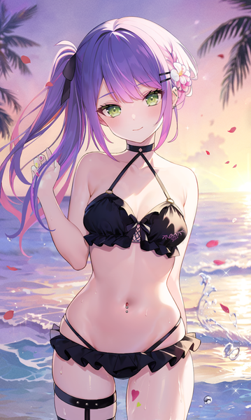 Anime picture 967x1616 with virtual youtuber hololive tokoyami towa aria (ariacue) single long hair tall image looking at viewer light erotic smile standing sky purple hair outdoors head tilt piercing side ponytail evening ear piercing sunset