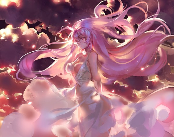 Anime picture 975x768 with vocaloid megurine luka kishiyo single long hair breasts light erotic large breasts bare shoulders looking away pink hair sky cleavage cloud (clouds) pink eyes evening sunset one breast out girl dress