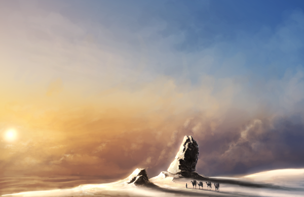 イラスト 2000x1300 と オリジナル aspeckofdust (artist) highres 空 cloud (clouds) evening sunset landscape rock caravan