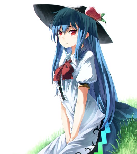 Anime picture 1280x1440 with touhou hinanawi tenshi ibuki notsu single long hair tall image blush simple background red eyes white background sitting blue hair looking away girl dress plant (plants) hat grass fruit peach