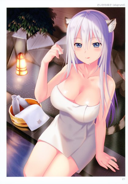 Anime picture 2450x3510 with comic toranoana saikawa yusa single long hair tall image looking at viewer blush fringe highres breasts blue eyes light erotic hair between eyes large breasts animal ears silver hair tail animal tail from above scan
