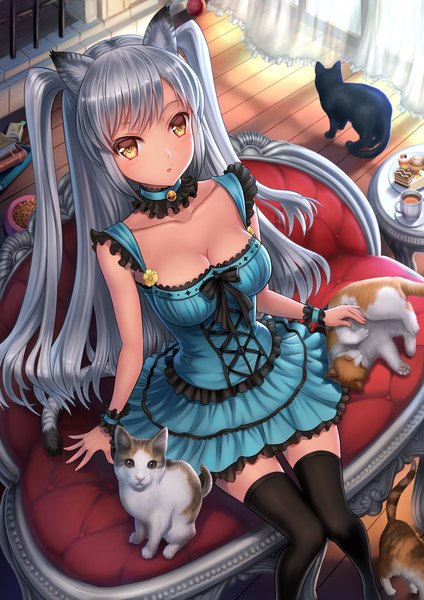 Anime picture 1414x2000 with original youbou single long hair tall image sitting animal ears yellow eyes silver hair tail animal tail cat ears cat girl cat tail girl thighhighs dress black thighhighs animal cat