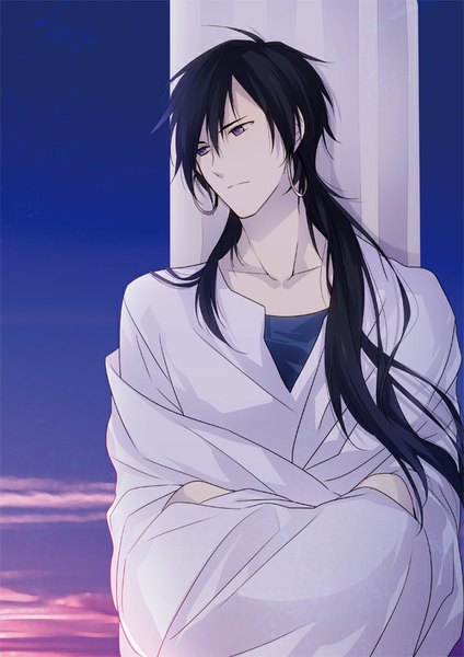 Anime picture 636x900 with magi the labyrinth of magic a-1 pictures sinbad (magi) xia (ryugo) single long hair tall image fringe black hair standing purple eyes looking away boy earrings